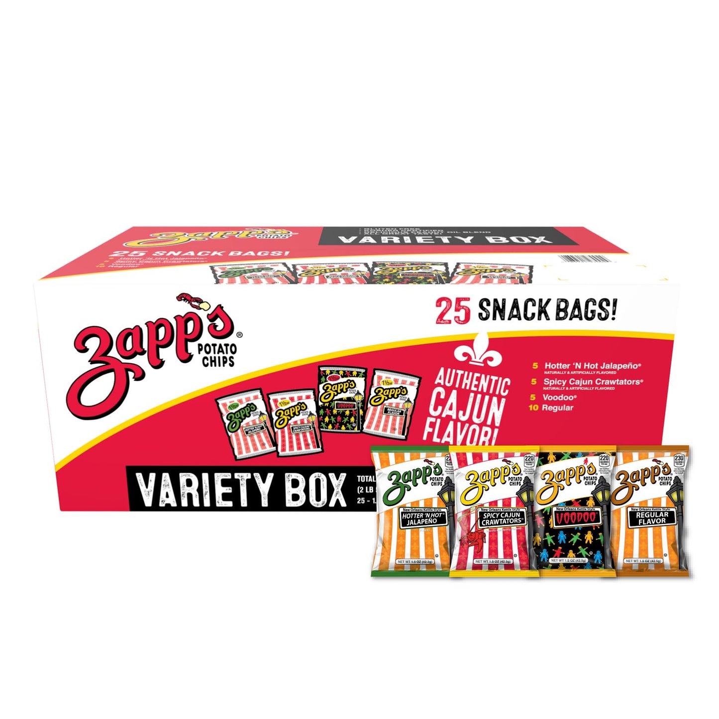 Zapp’s New Orleans Kettle-Style Potato Chips Variety Pack (1.5 oz Bags, 25 Count) - Includes Voodoo, Hotter N' Hot Jalapeno, Spciy Cajun Crawtators