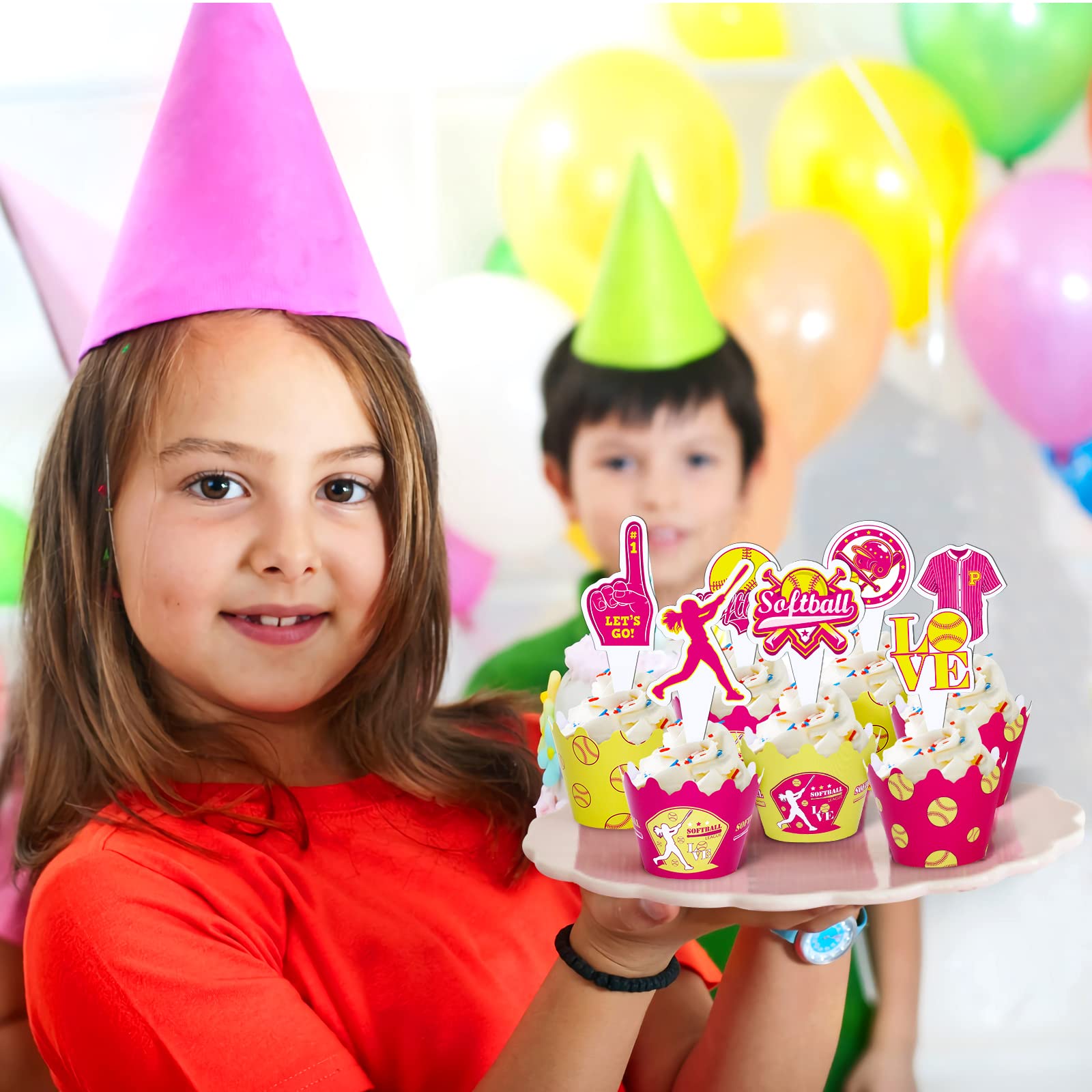 48Pcs Softball Cupcake Toppers and Wrappers - Party Supplies and Decorations for Girls, Kids, Teens - Sport Theme Birthday Cupcake Picks for Holiday