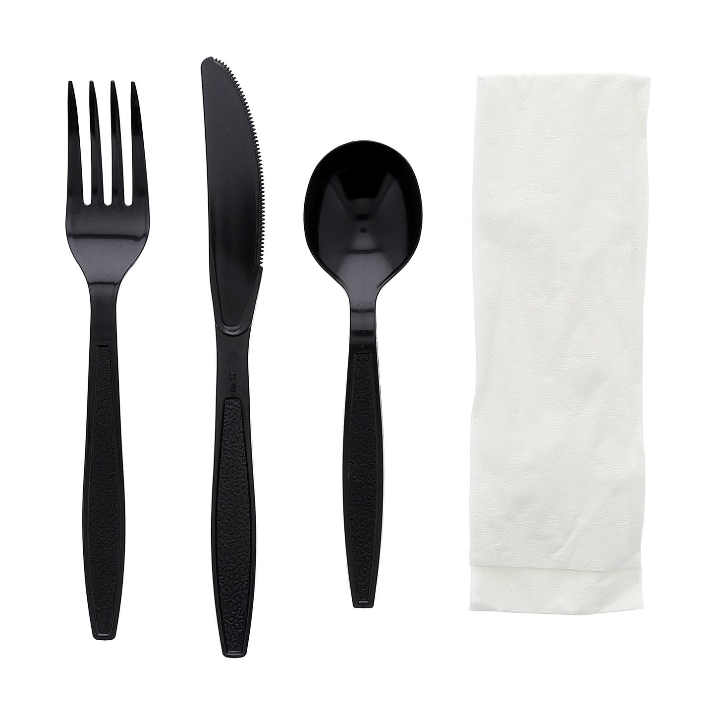 AmerCareRoyal 4-in-1 Disposable Silverware Heavy Weight Plastic Utensil Set with Soup Spoon, Fork, Knife and 13x17 inch Napkin - Individually Wrapped