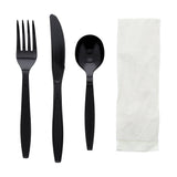 AmerCareRoyal 4-in-1 Disposable Silverware Heavy Weight Plastic Utensil Set with Soup Spoon, Fork, Knife and 13x17 inch Napkin - Individually Wrapped