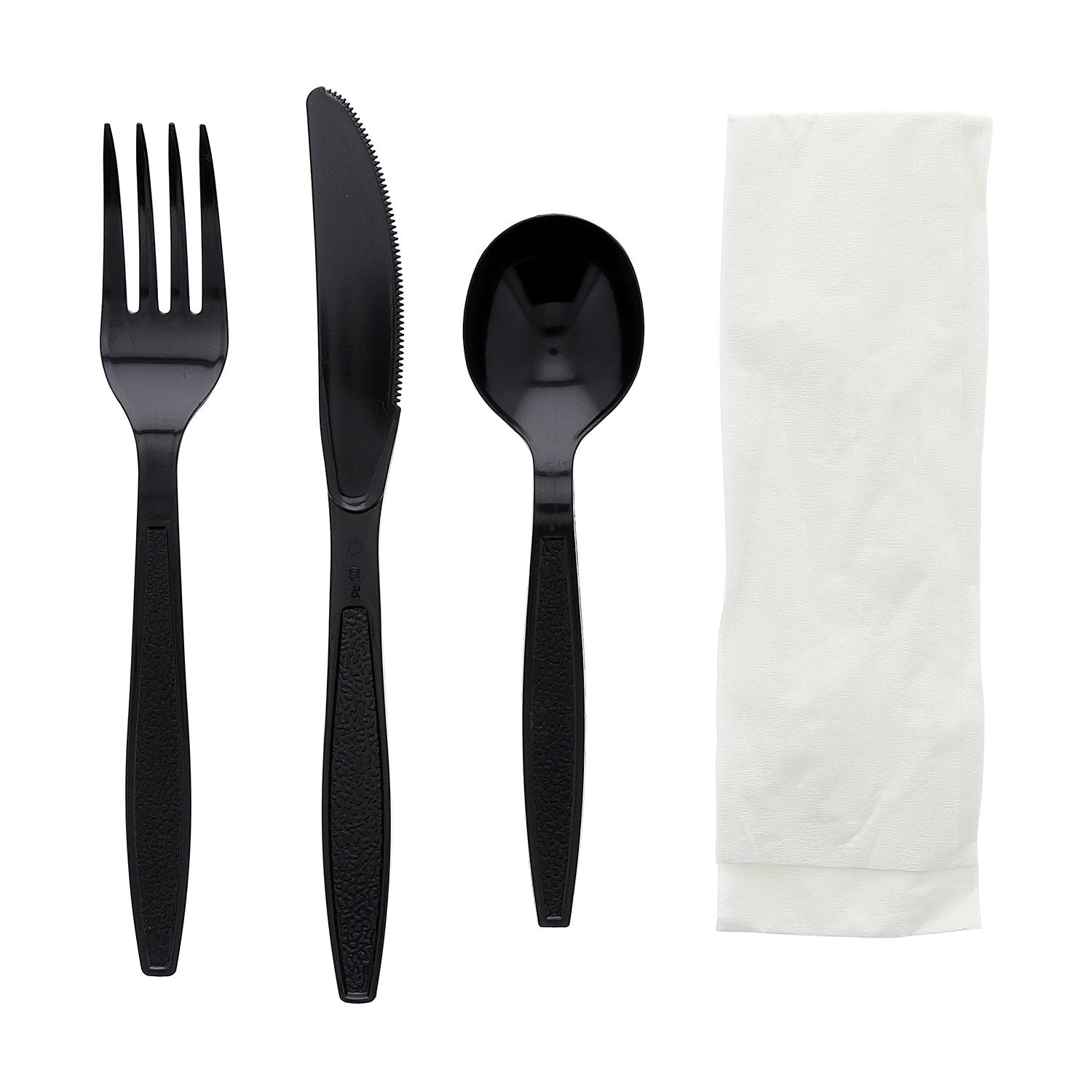 AmerCareRoyal 4-in-1 Disposable Silverware Heavy Weight Plastic Utensil Set with Soup Spoon, Fork, Knife and 13x17 inch Napkin - Individually Wrapped