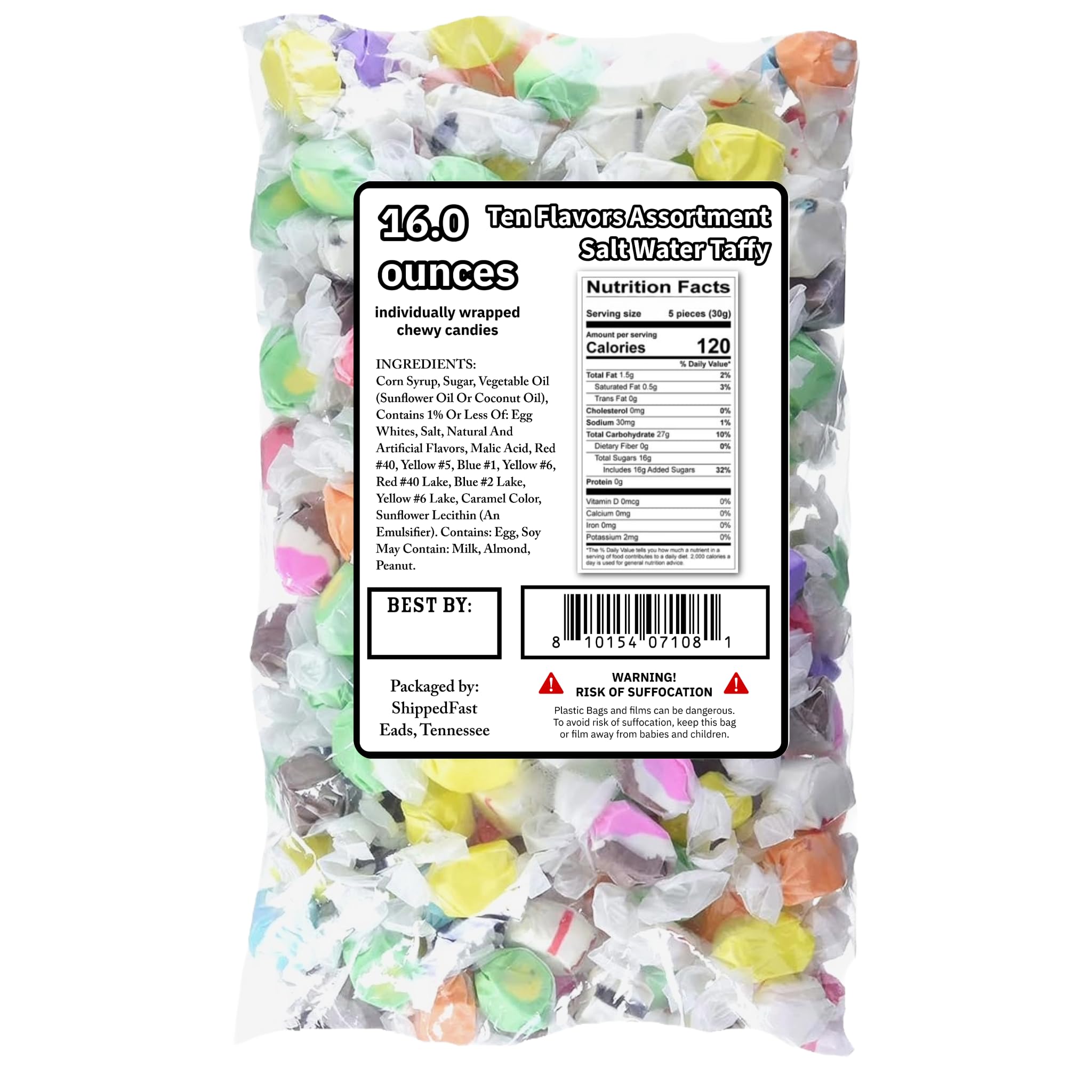 Ten Flavors Assortment, Salt Water Taffy 1 Pound Bag. Classic Boardwalk Style Taffy. (Net Wt. 16oz)