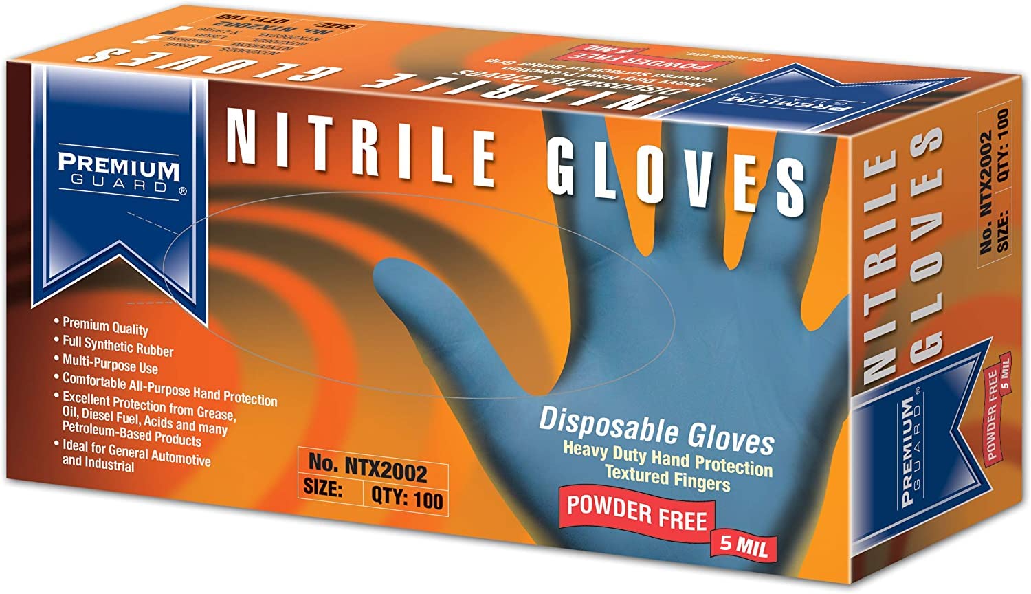 Premium Guard - Nitrile Gloves - Disposable, Powder Free, Latex Rubber Free, 5 mil, Blue Nitrile Gloves, 100 gloves per Box, Size - Large