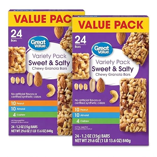 Great Value Sweet & Salty Chewy Granola Bars, Variety Pack, Peanut, Almond, Cashew, 1.2 oz Bars, 24 Count, Pack of 2, 48 Bars Total