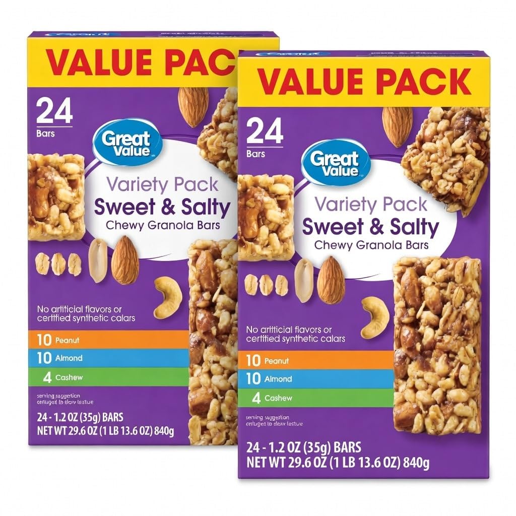 Great Value Sweet & Salty Chewy Granola Bars, Variety Pack, Peanut, Almond, Cashew, 1.2 oz Bars, 24 Count, Pack of 2, 48 Bars Total