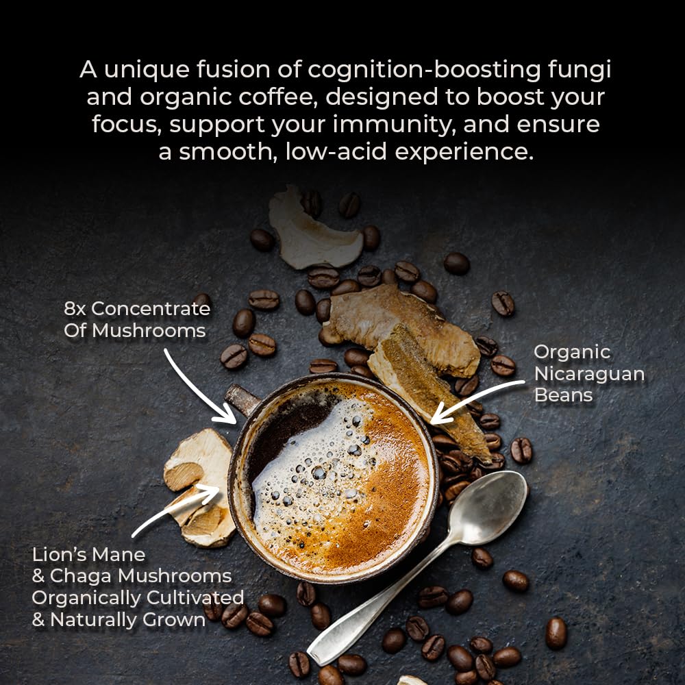 Lifeboost Cognition Focus Coffee for Calm Energy - Lion’s Mane Mushroom Coffee with Chaga - Organic Medium Roast Nootropic Coffee - Low Acid