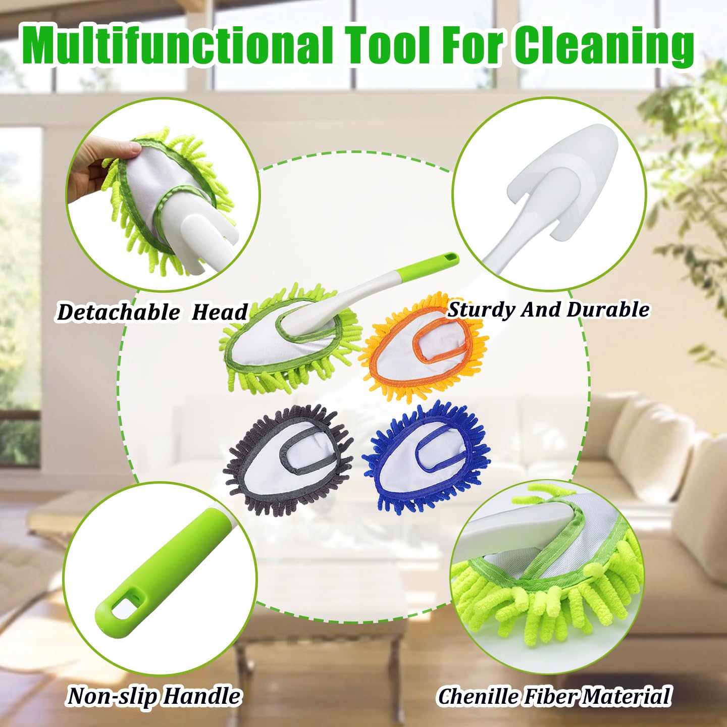 Microfiber Duster for Cleaning, Hand Washable Dusters with 4 pcs Replaceable Microfiber Head,Wet and Dry Use, Detachable Cleaning Supplies for Office