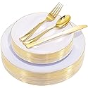 Nervure 125PCS Christmas Plastic Plates - Disposable White and Gold Rim Plates Include 25 Dinner Plate, 25 Salad Plate, 25 Forks, 25 Knives, 25 Spoons