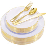Nervure 125PCS Christmas Plastic Plates - Disposable White and Gold Rim Plates Include 25 Dinner Plate, 25 Salad Plate, 25 Forks, 25 Knives, 25 Spoons