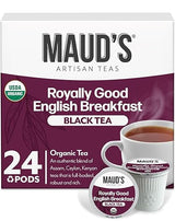 Maud's Organic English Breakfast Black Tea Pods, 24 ct, Single Serve Pods - 100% Gourmet Blended Tea Leaves, Compatible with Keurig K Cups Maker