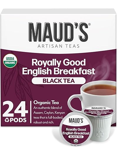 Maud's Organic English Breakfast Black Tea Pods, 24 ct, Single Serve Pods - 100% Gourmet Blended Tea Leaves, Compatible with Keurig K Cups Maker