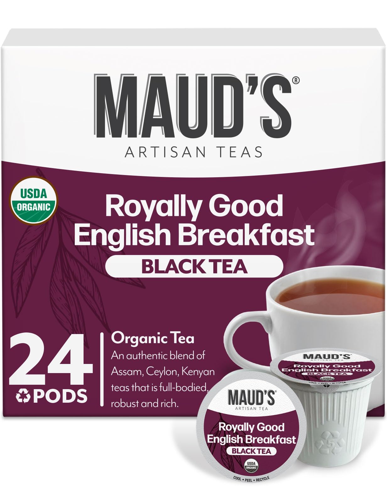 Maud's Organic English Breakfast Black Tea Pods, 24 ct, Single Serve Pods - 100% Gourmet Blended Tea Leaves, Compatible with Keurig K Cups Maker