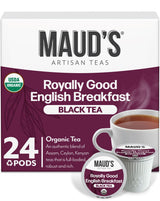 Maud's Organic English Breakfast Black Tea Pods, 24 ct, Single Serve Pods - 100% Gourmet Blended Tea Leaves, Compatible with Keurig K Cups Maker