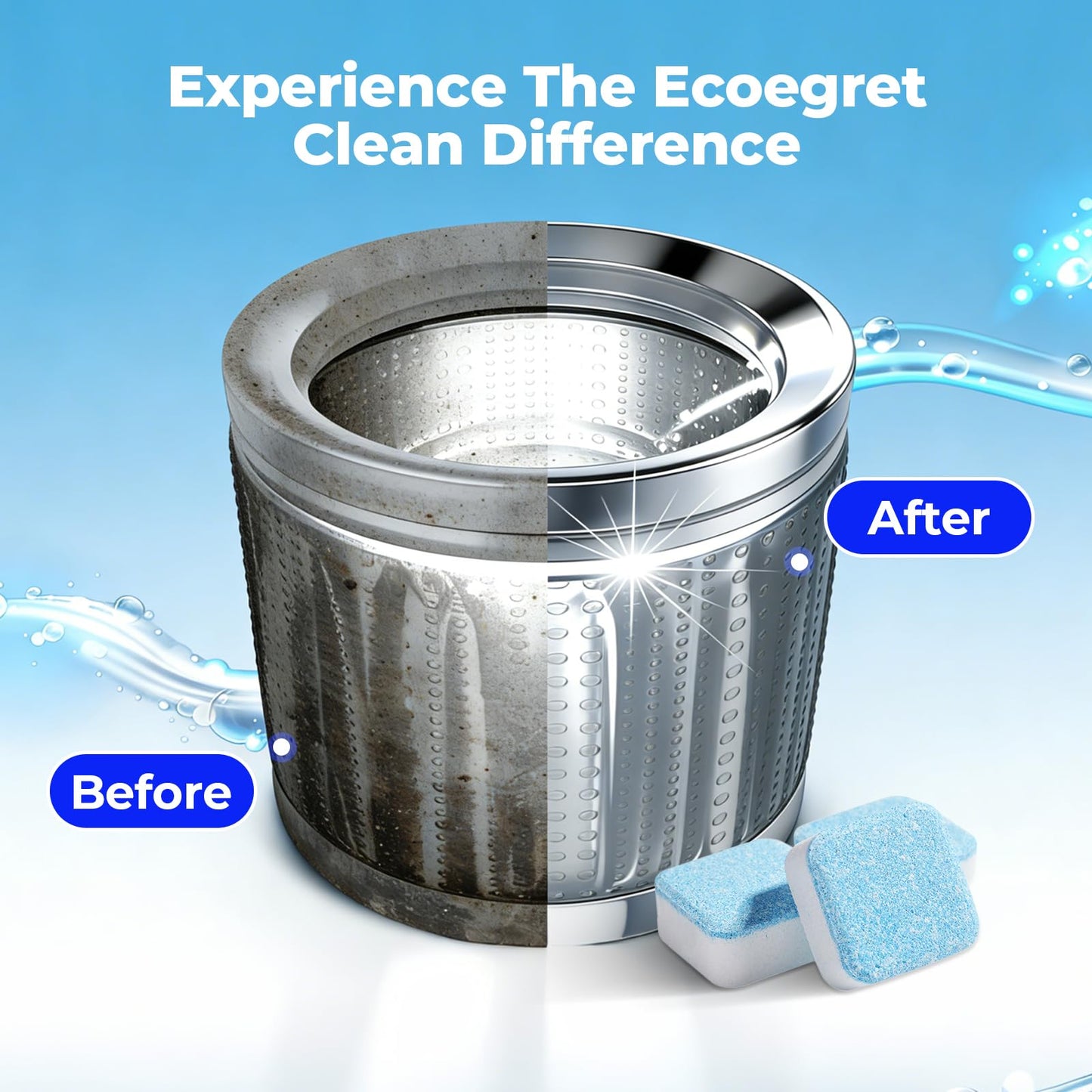 EcoEgret Washing Machine Cleaner (24 Pack), Washing Machine Cleaning Tablets for Front Load & Top Load HE Washers, Washer Cleaner Easily Removes