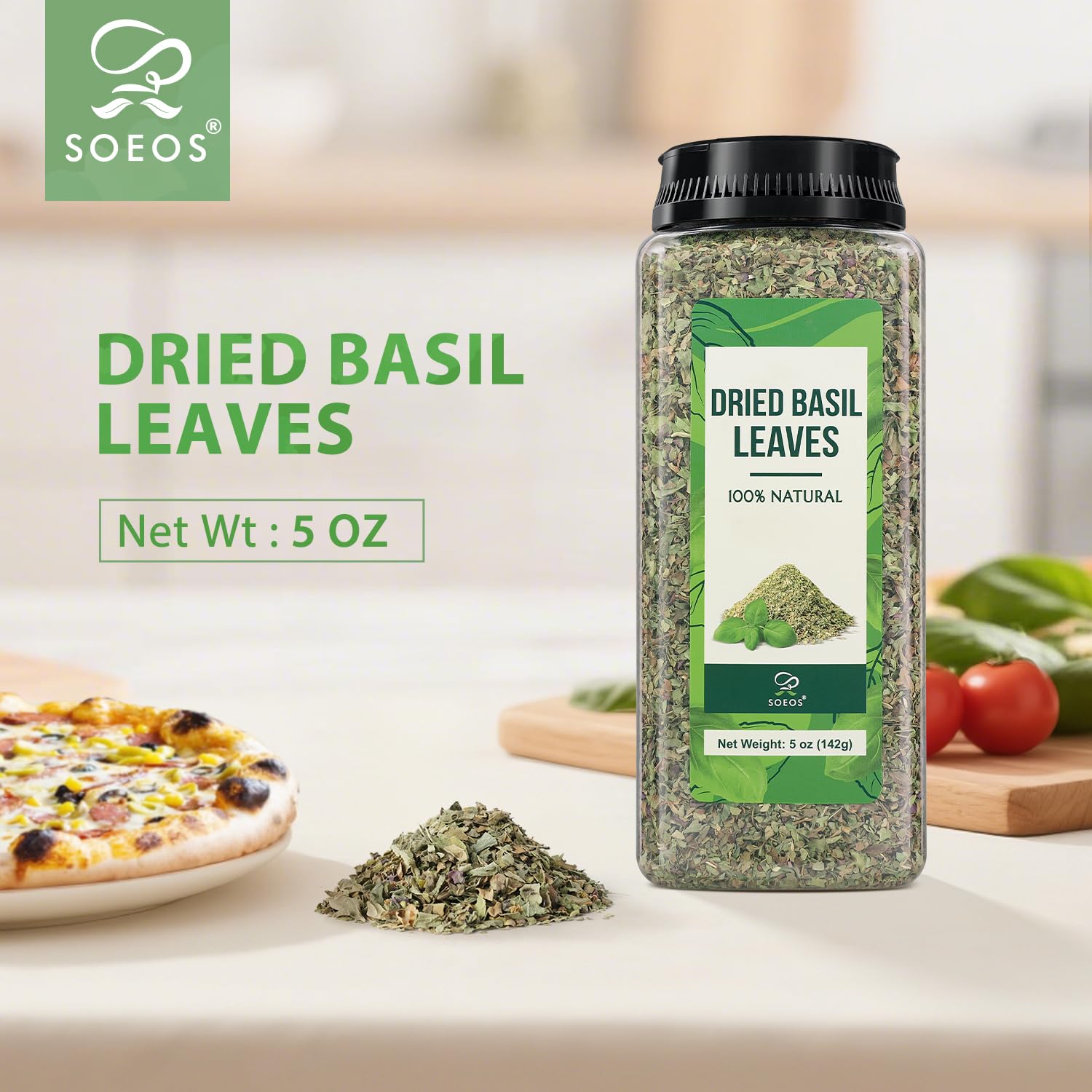 Soeos Basil Leaves, 5 oz (142g), Cut and Sifted, Dried Basil Leaves, Pairs Well with Pasta, Salad, Pizza, Sauces, Poultry, An Essential Seasoning