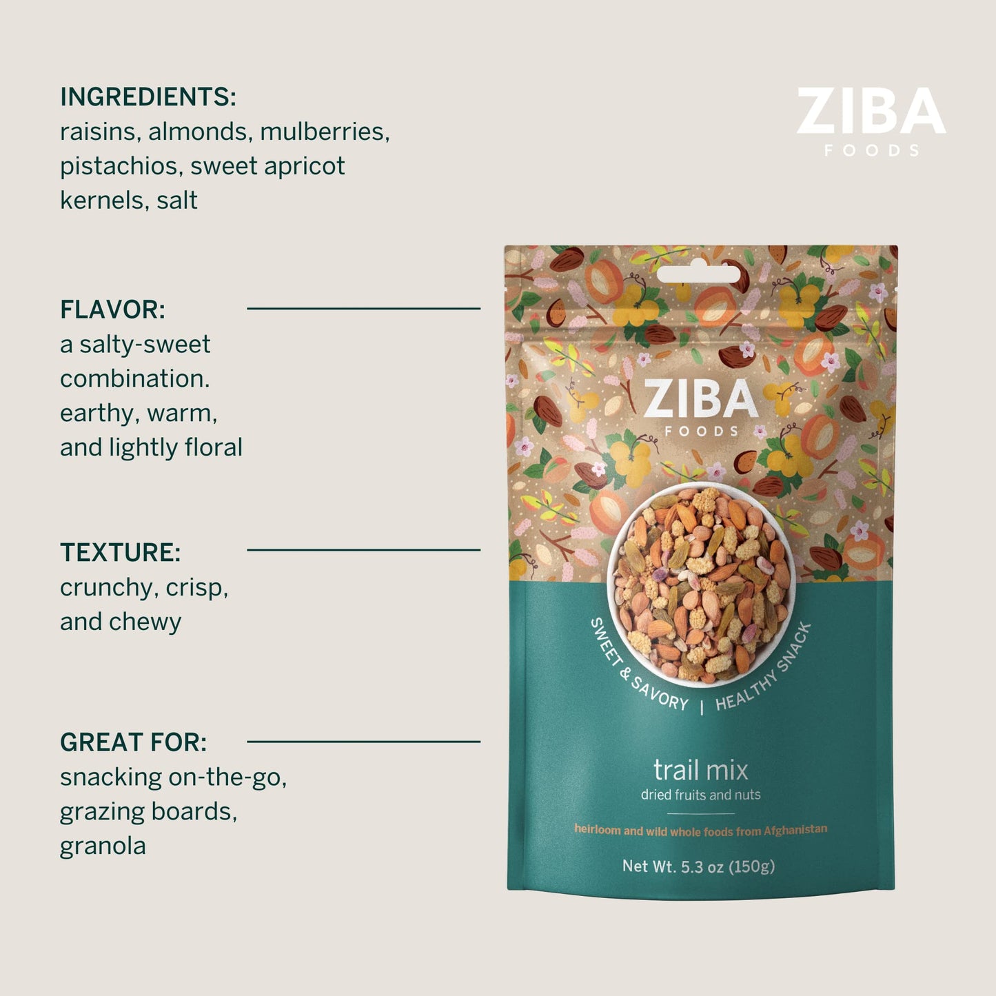 Ziba Foods Trail Mix - Sweet Apricot Kernels, Mulberries, Raisins, Almonds & Pistachios - Non-GMO, Vegan, Whole 30 Friendly & Paleo - High in Fiber