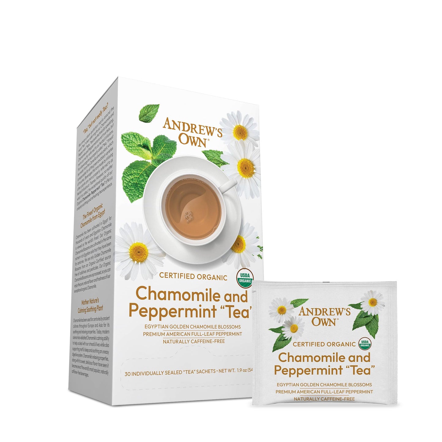 ANDREW LESSMAN Tea - Chamomile and Peppermint Tea 60 Sachets - Blend of Certified Organic Golden Chamomile Blossoms and Premium Whole-Leaf Peppermint