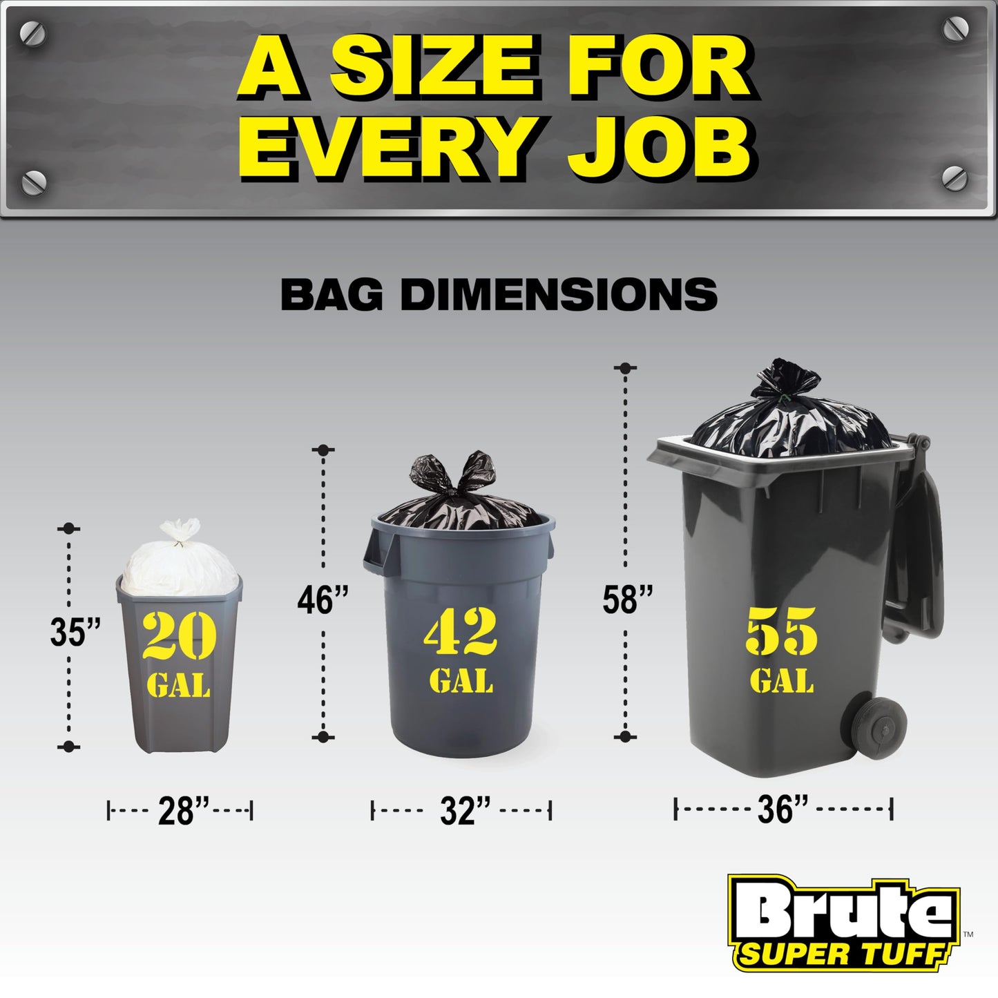 Brute Super Tuff Heavy Duty 2.2 MIL Contractor Bags, Extra Large Trash Bags, Twist Tie Closure, Black, 55 Gallon, 15 Count