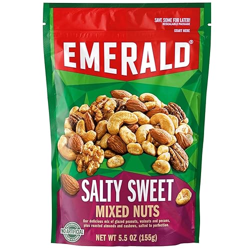 Emerald Nuts, Salty Sweet Mixed Nuts, Features Kettle Glazed Peanuts, Almonds, Cashews, Kettle Glazed Walnuts, Kettle Glazed Pecans, 5.5 Oz
