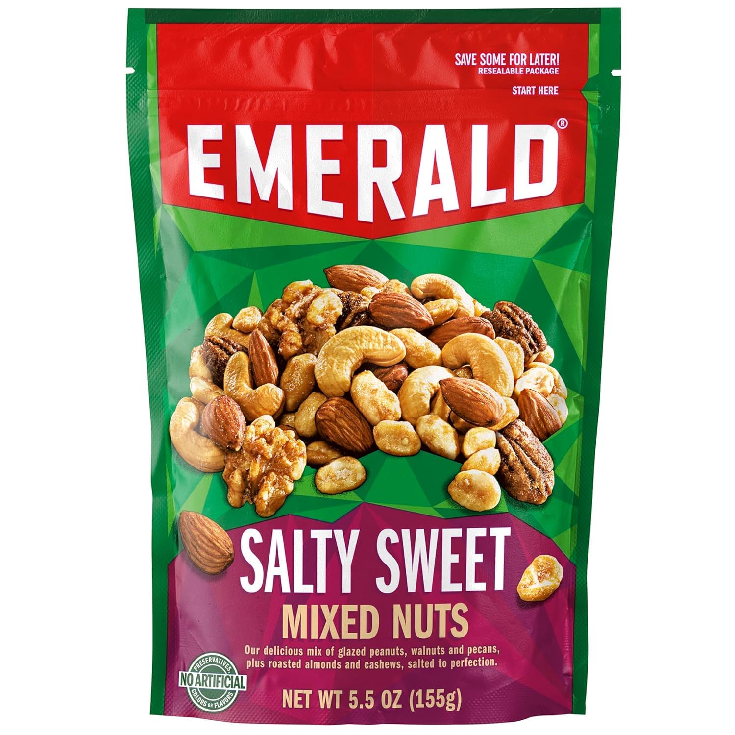 Emerald Nuts, Salty Sweet Mixed Nuts, Features Kettle Glazed Peanuts, Almonds, Cashews, Kettle Glazed Walnuts, Kettle Glazed Pecans, 5.5 Oz