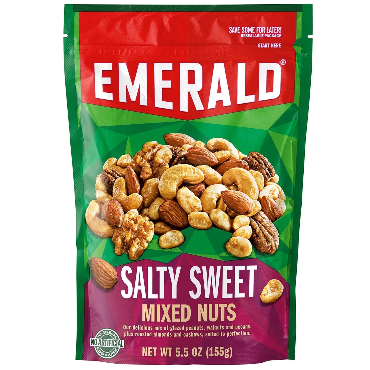 Emerald Nuts, Salty Sweet Mixed Nuts, Features Kettle Glazed Peanuts, Almonds, Cashews, Kettle Glazed Walnuts, Kettle Glazed Pecans, 5.5 Oz