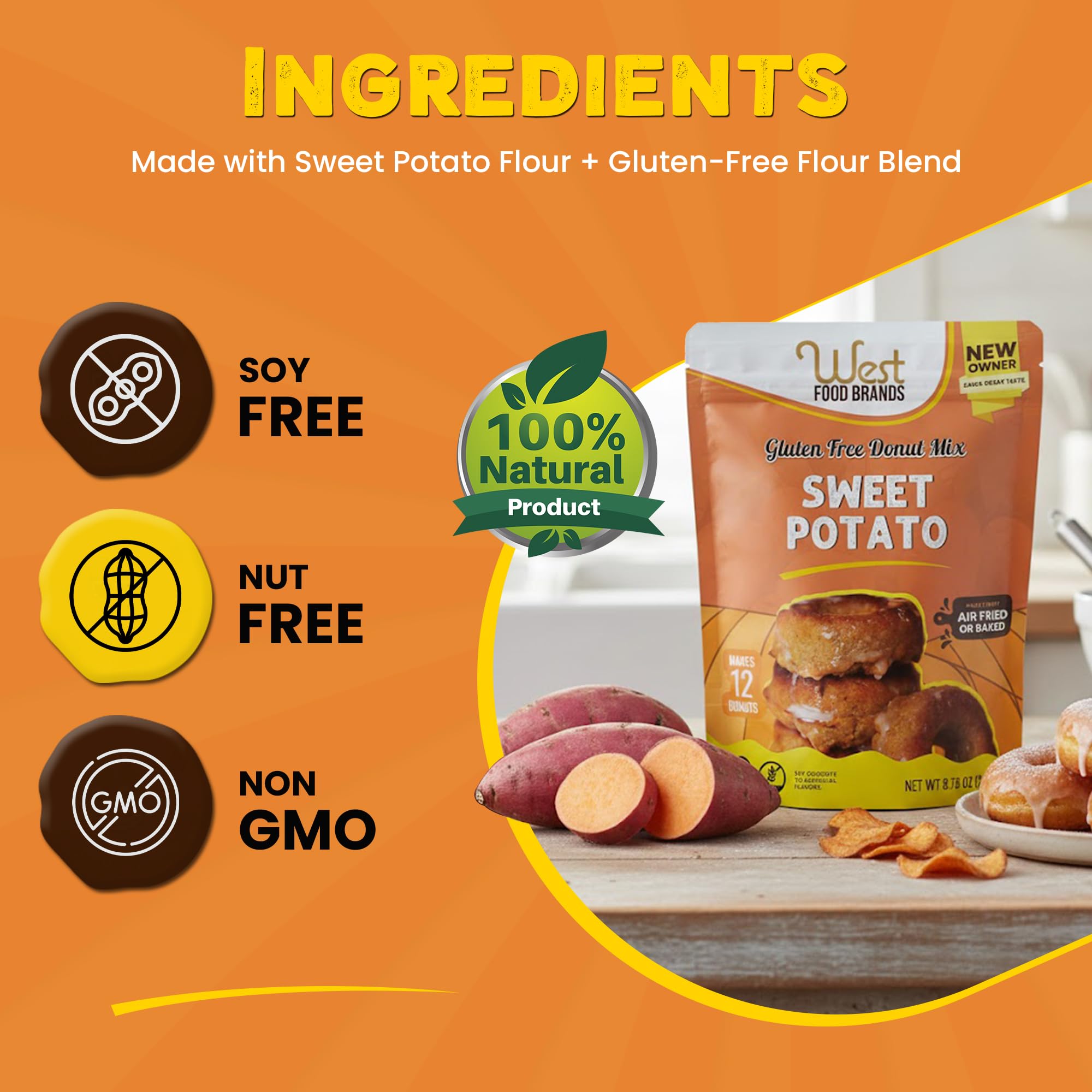 West Food Brands Gluten Free Sweet Potato Donut Mix - Soy Free & Kosher, No Artificial Sweeteners, Allergen Free - Sweet Potatoes Vegan Doughnut Mix with Essential Nutrients (1 Pack, 12 Donuts)