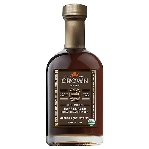 Crown Maple Certified Organic Bourbon Barrel Aged Maple Syrup, Pure, Gluten Free, No Preservatives, Non-GMO Pairs well with Pancakes, Coffee