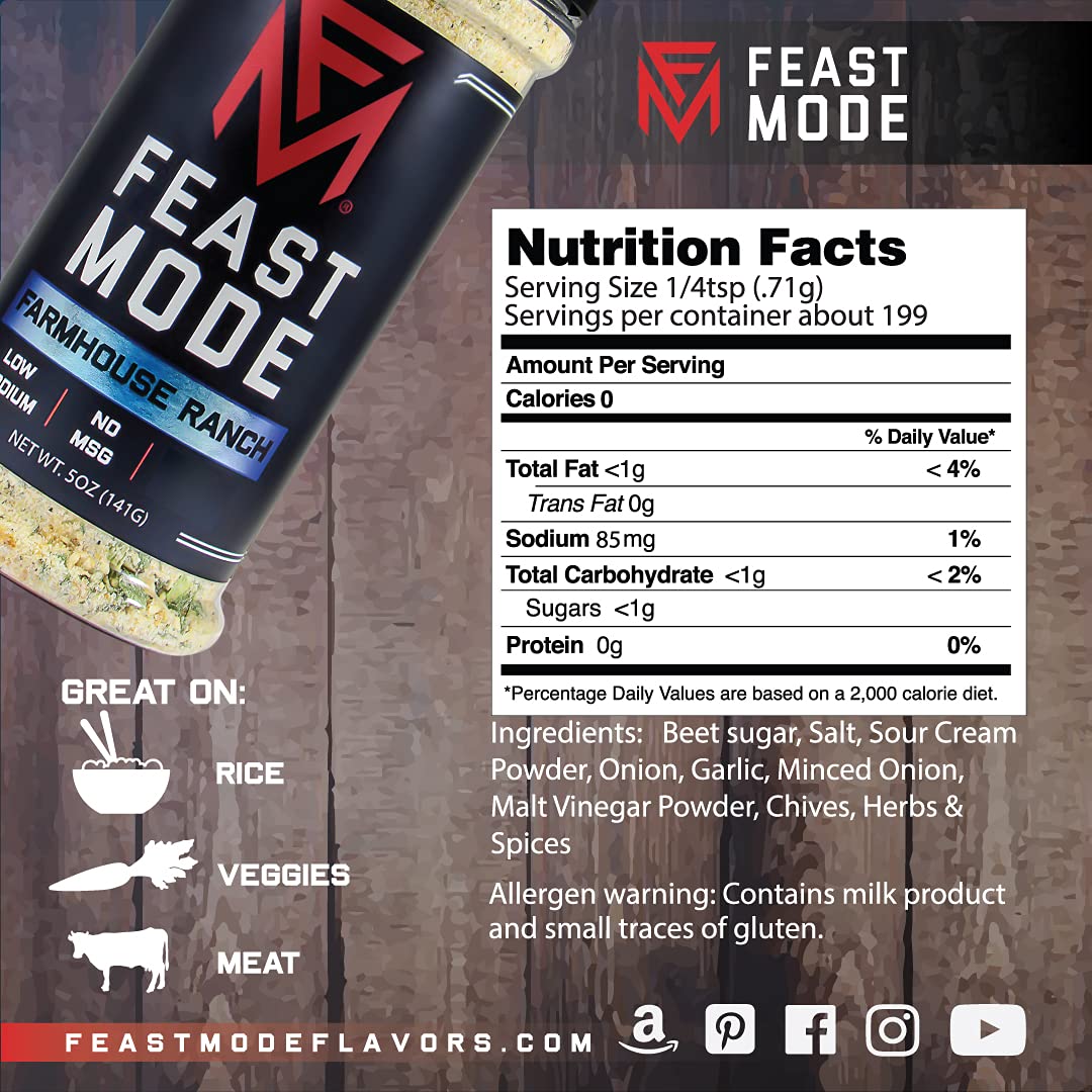 NEW! Farmhouse Ranch - Feast Mode Flavors - Low Sodium, No MSG, All Natural, Meal Prep Seasoning, Savory, Vinegar, Buffalo