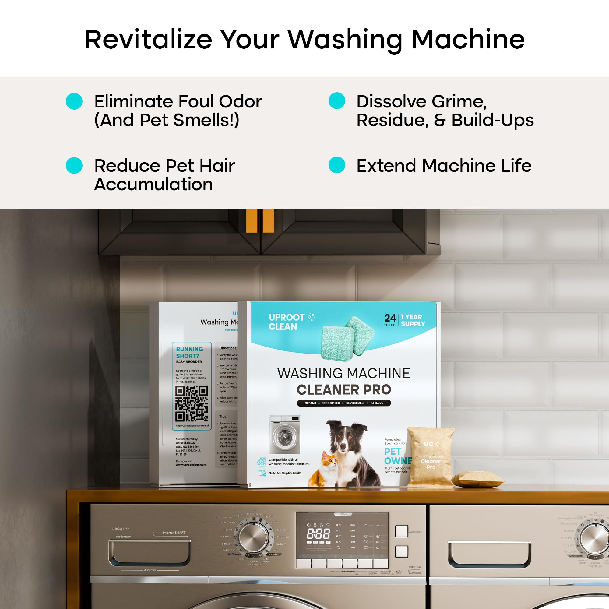Uproot Clean Washing Machine Cleaner Tablets - 24 Pack for a 12 Month Supply. Formulated for Pet Owners. Compatible with HE, Top & Front Load. Easily