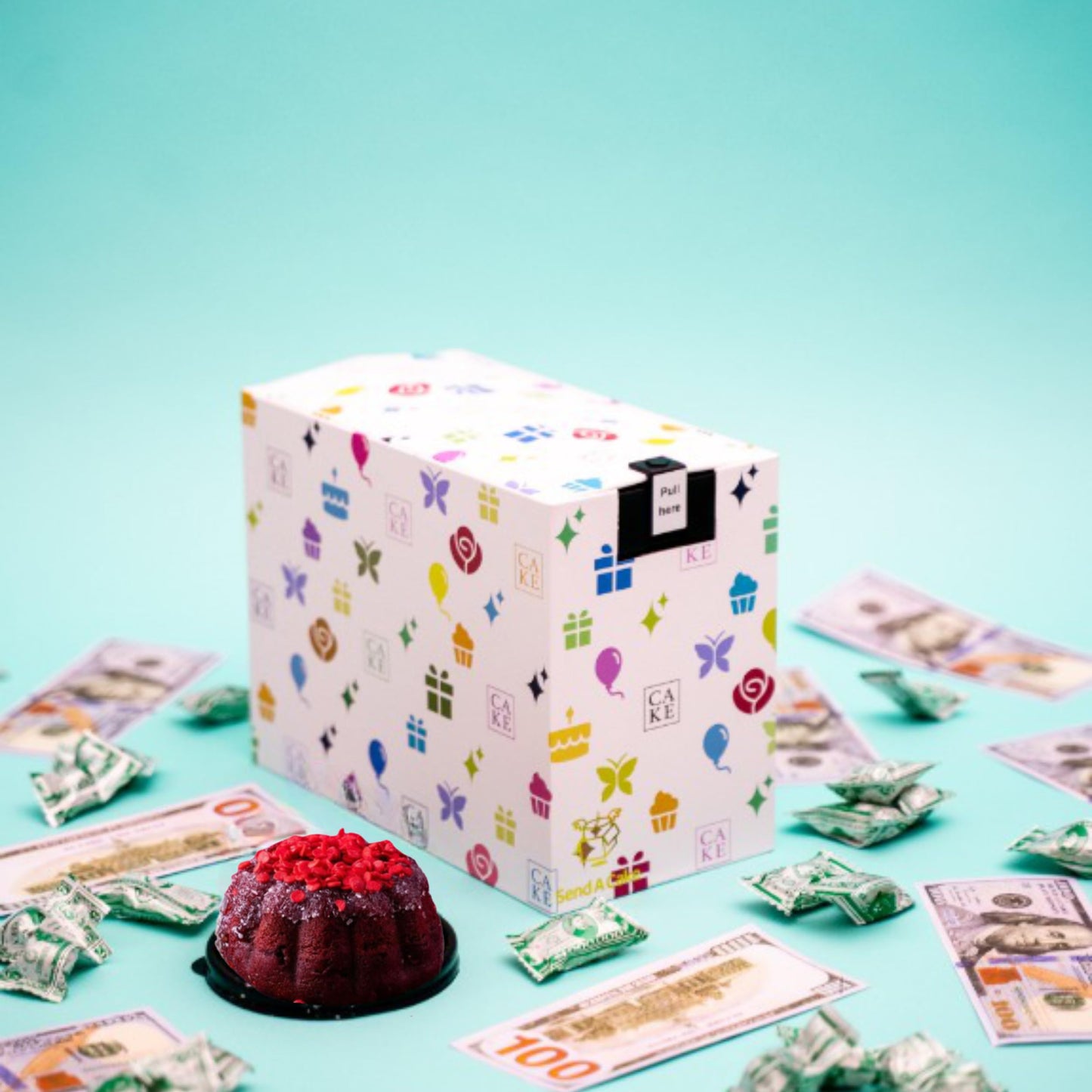 Celebration Billionaire Explosion Cake Box by Send A Cake, Ready-to-Gift Surprise with Mini Bundt Cakes, Candies & Music - Fun Birthday & Party Gift