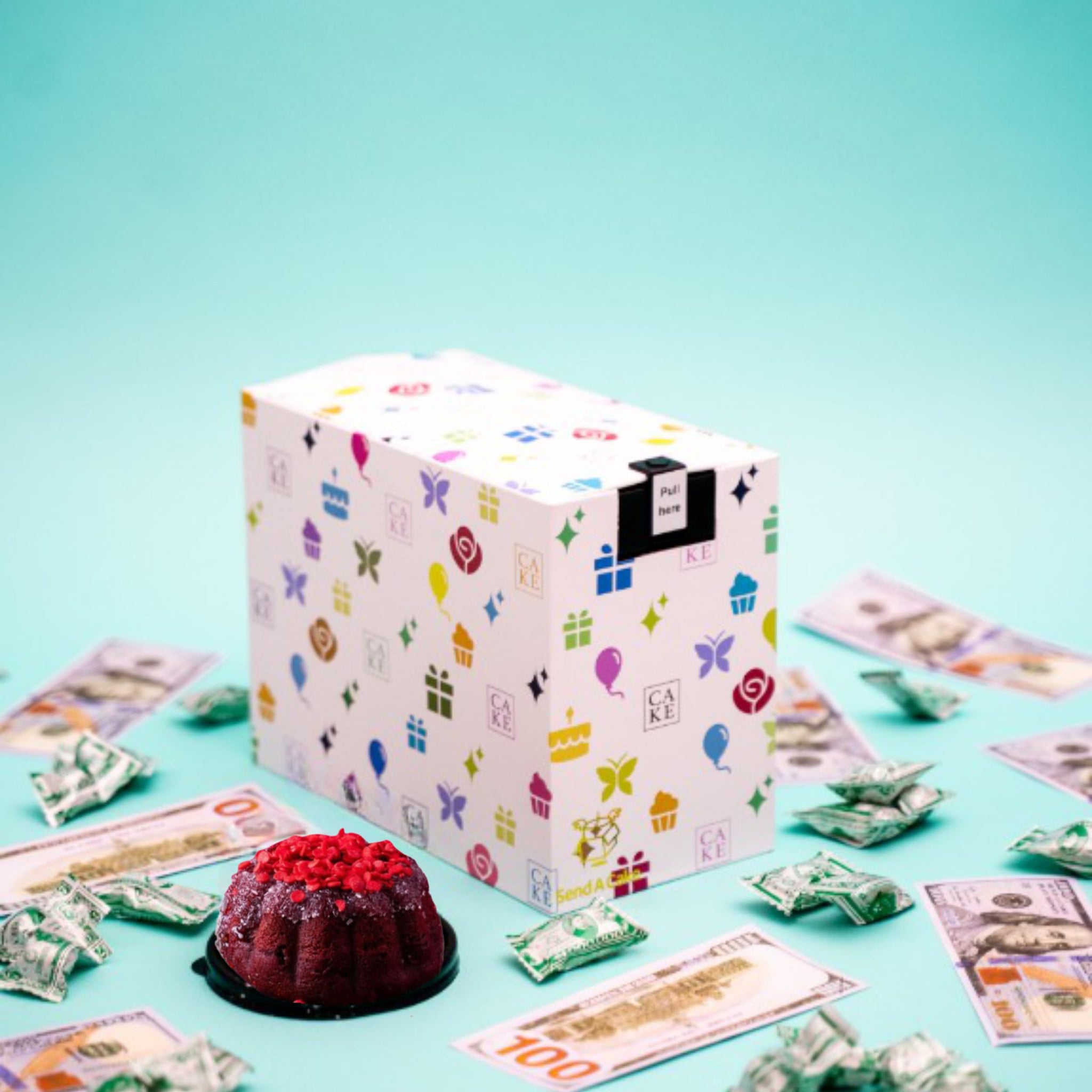 Celebration Billionaire Explosion Cake Box by Send A Cake, Ready-to-Gift Surprise with Mini Bundt Cakes, Candies & Music - Fun Birthday & Party Gift