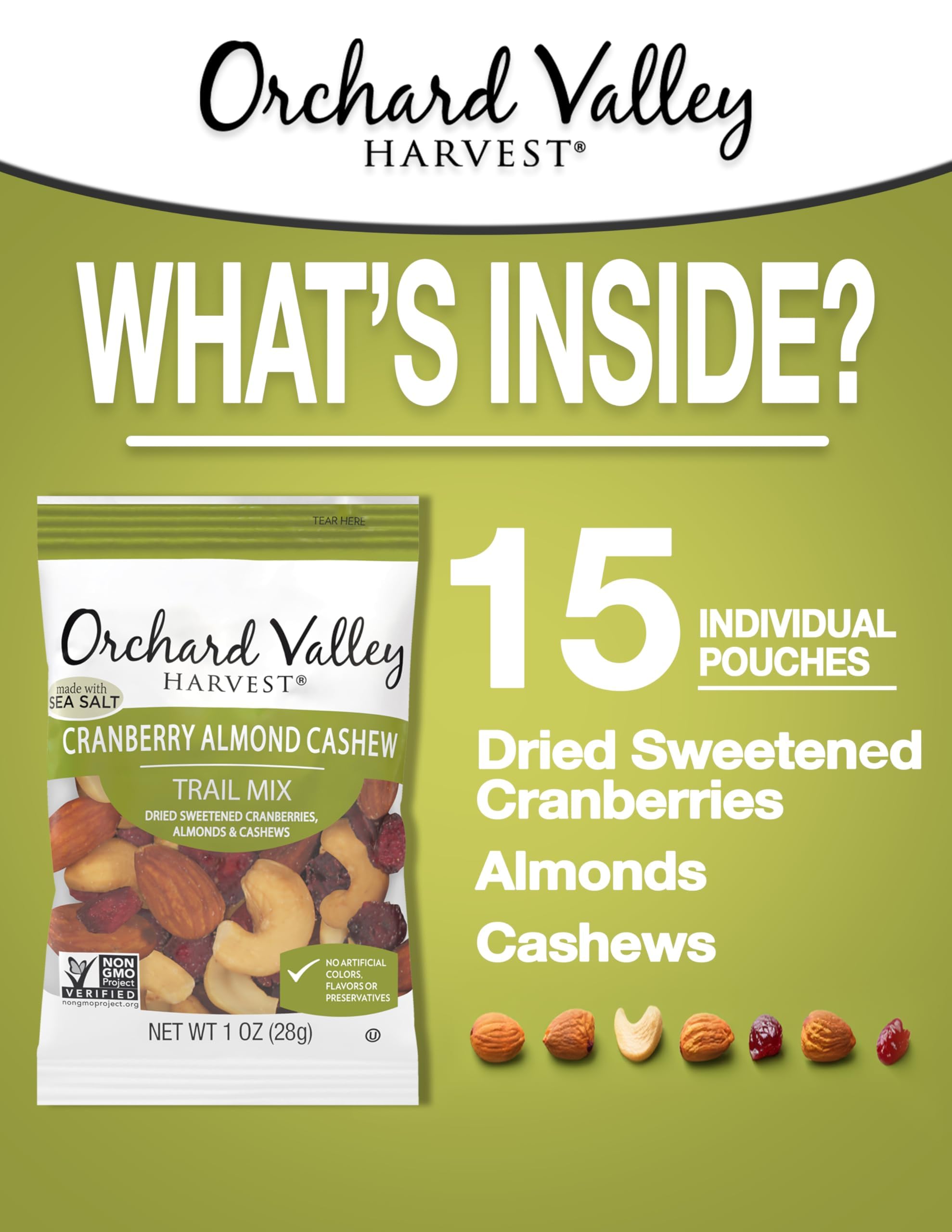 Orchard Valley Harvest Cranberry Almond Cashew Trail Mix, 1 Ounce (Pack of 15), Cranberries, Almonds, Cashews, Trail Mix Individual Packs, Snacks