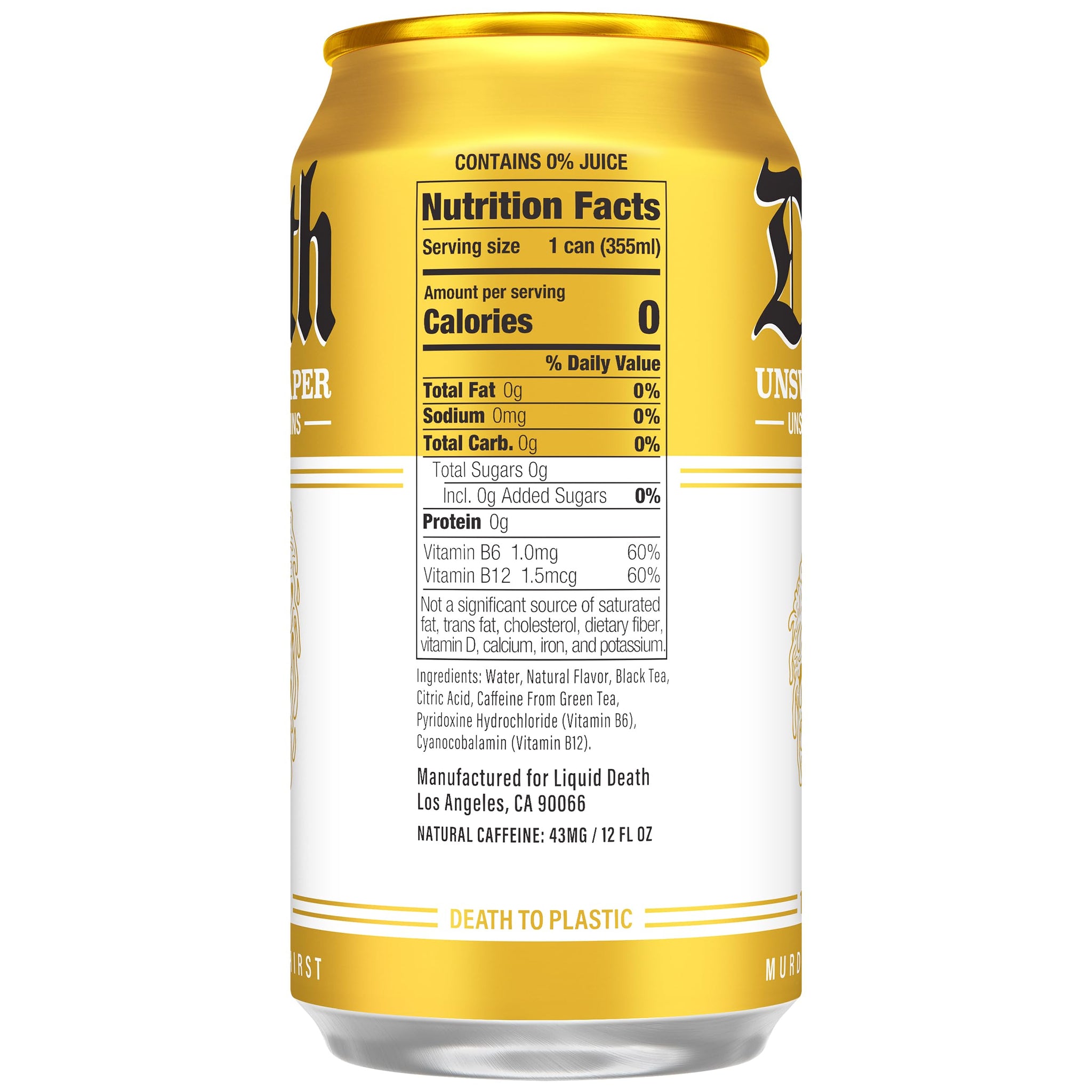 Liquid Death Iced Tea - Unsweet Reaper, Less Sugar*, Boost of Caffeine, B Vitamins, No Artificial Sweeteners, 12 Fl Oz (Pack of 12)