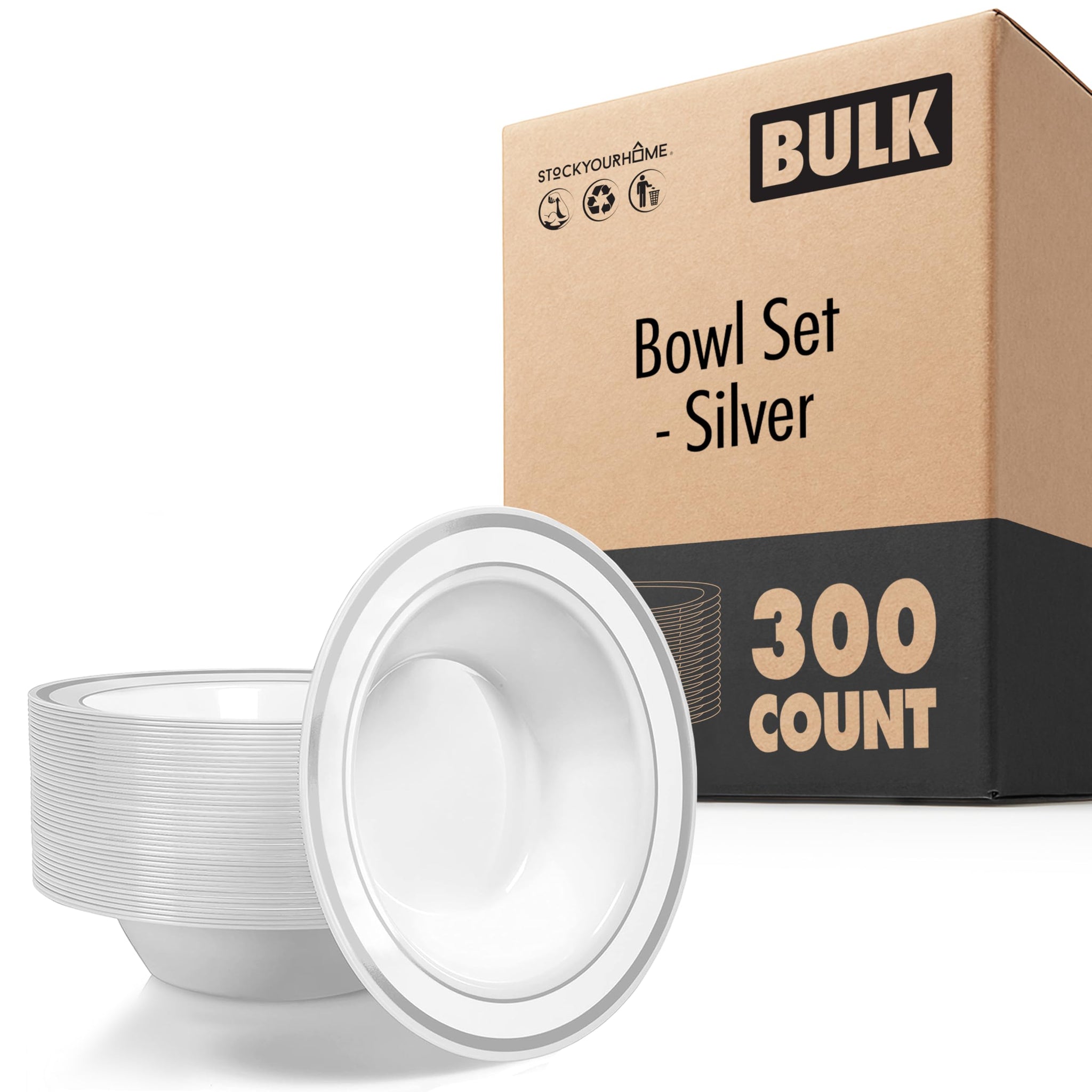 Stock Your Home Plastic Party Bowls (300 Pack) 12oz Elegant Disposable Tableware for Weddings, Catering, Holidays, and Everyday Use - Shatterproof