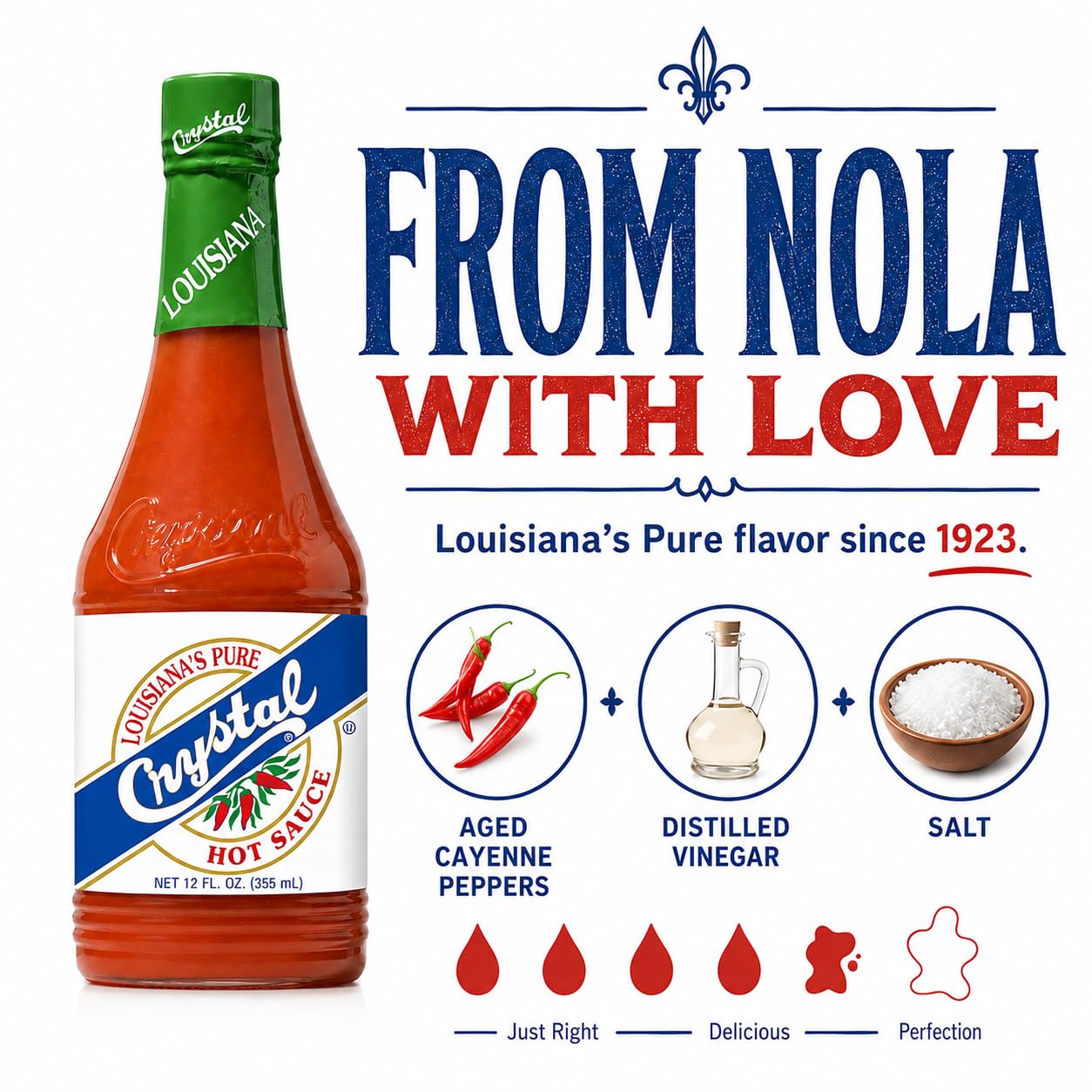 Crystal Hot Sauce 12oz (Pack of 2) - Louisiana's Pure Hot Sauce, Original Flavor - Low Fat - Low Sodium - Perfect for Spicing Up Sandwiches, Soups