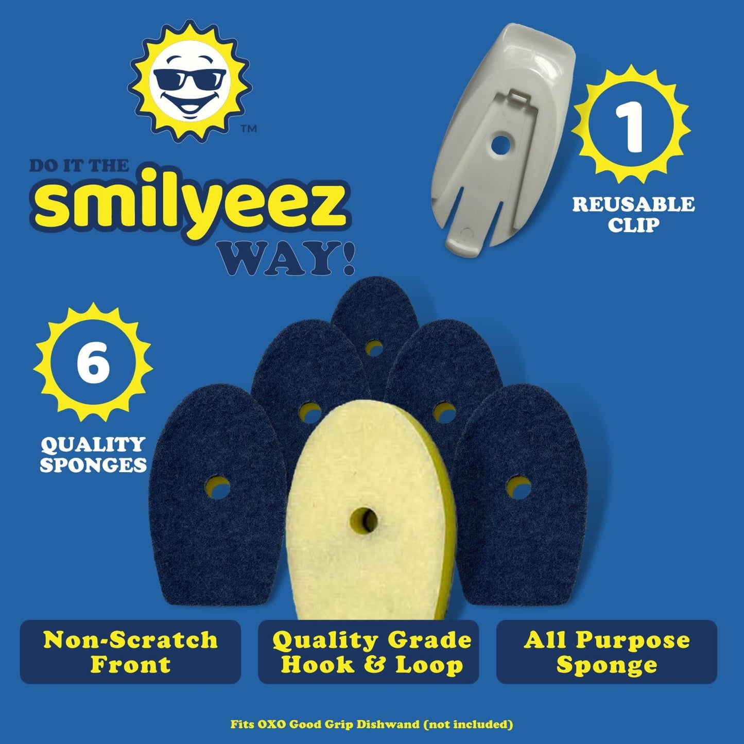 Smilyeez No-Plastic Non-Scratch Sponge Refill for OXO Good Grip Dishwand (Packs of 6) Throw Away The Sponge, NOT The Plastic