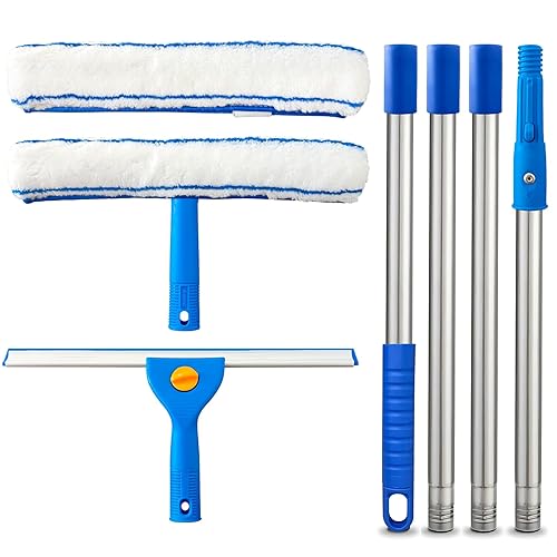 ARTIPOLY Squeegee for Window Cleaning, 14" Extra-Large Squeegee & Microfiber Scrubber Combi with 60" Stainless Steel Pole, Window Cleaning Kit