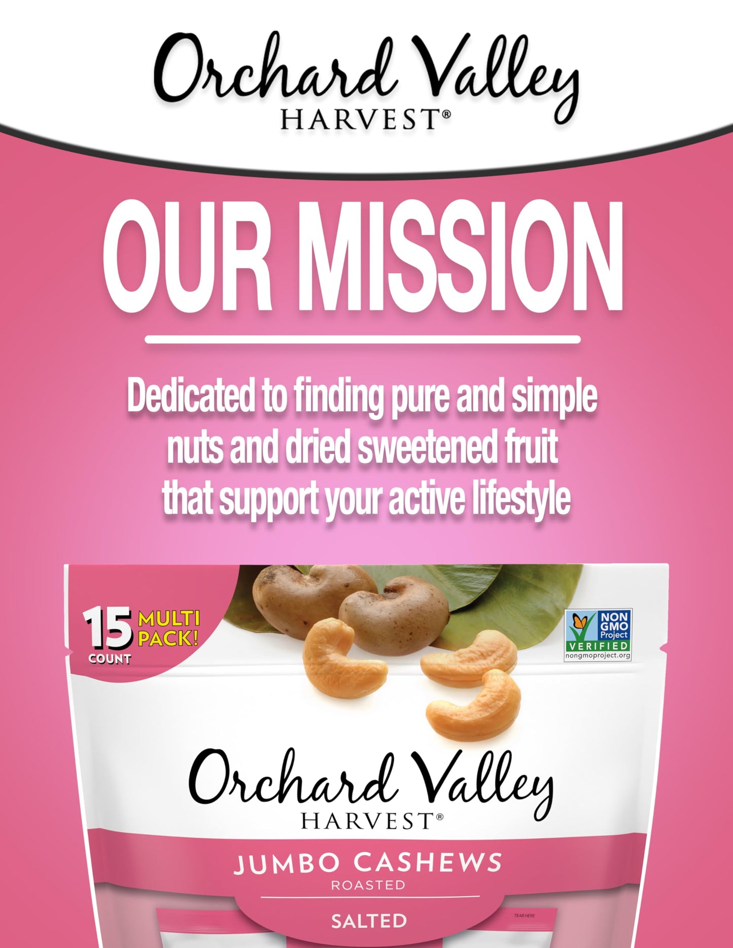 Orchard Valley Harvest Jumbo Cashews, 1 oz Bags (Pack of 15), Whole Roasted Salted Cashews, Gluten Free, No Artificial Colors or Flavors, Non-GMO*