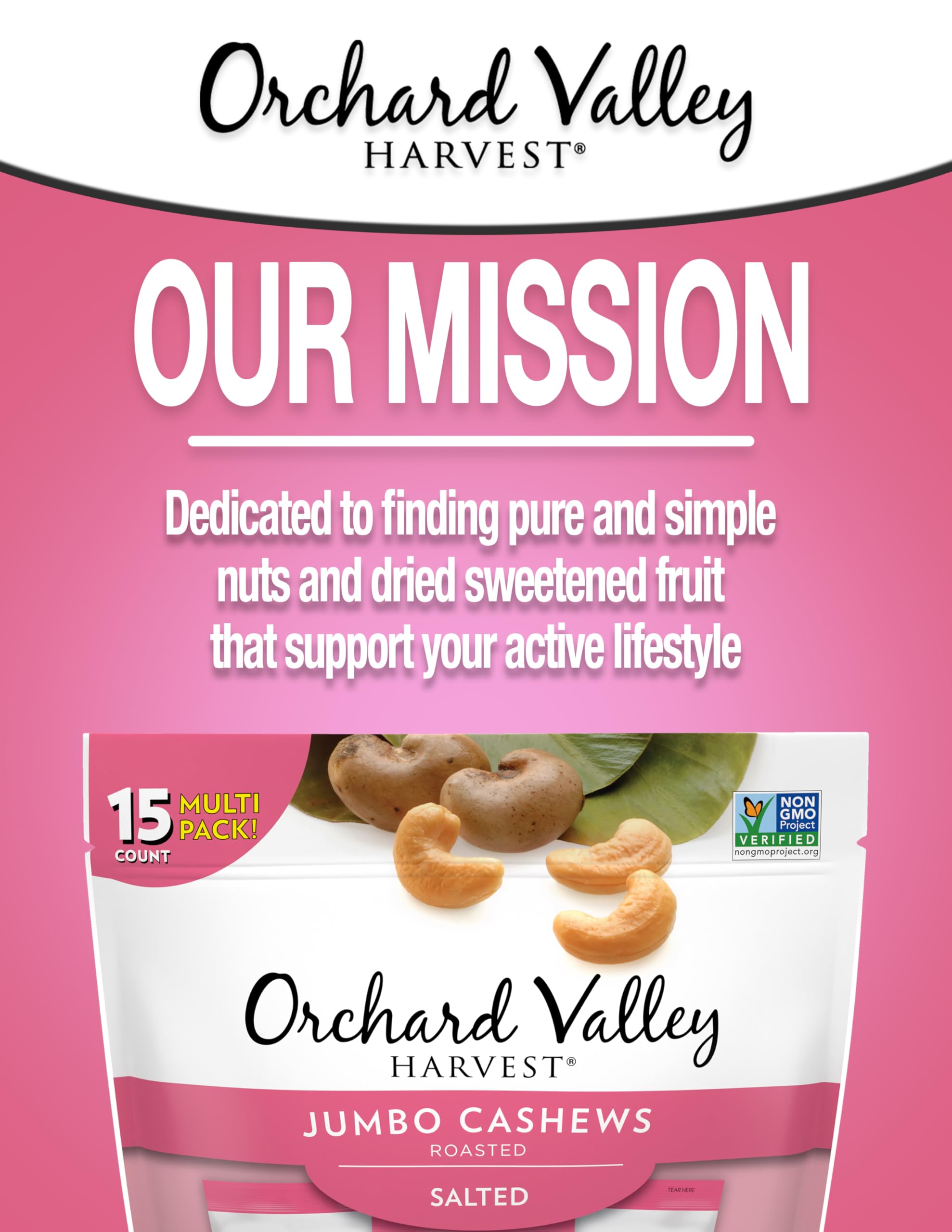 Orchard Valley Harvest Jumbo Cashews, 1 oz Bags (Pack of 15), Whole Roasted Salted Cashews, Gluten Free, No Artificial Colors or Flavors, Non-GMO*