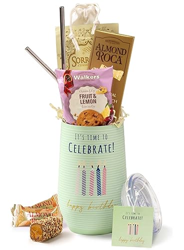 Broadway Basketeers Happy Birthday Chocolate and Sweets Gift Mug Large 16oz. Insulated Gift Mug Includes 3 Piece Set of Metal Straws Birthday gift