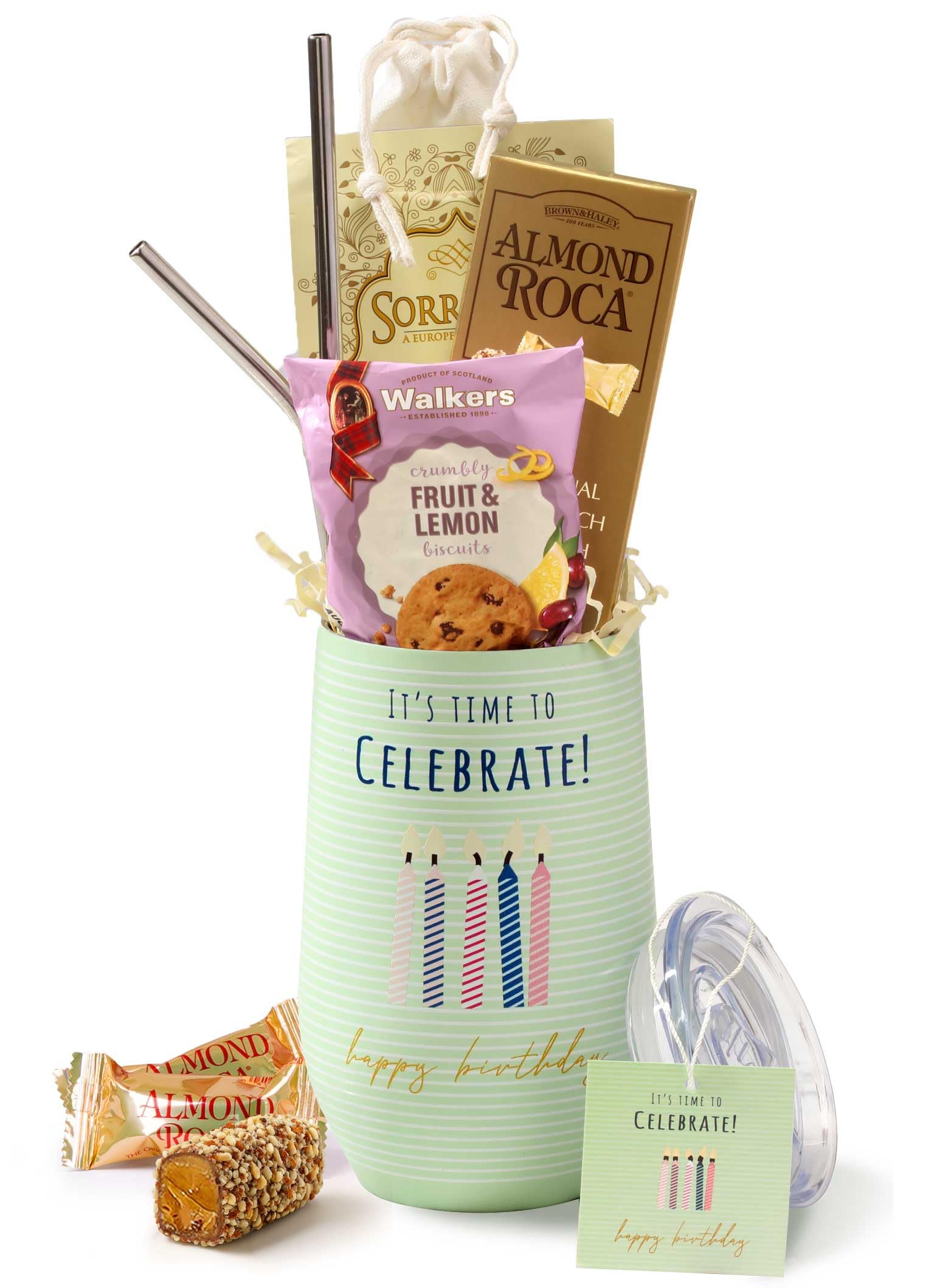 Broadway Basketeers Happy Birthday Chocolate and Sweets Gift Mug Large 16oz. Insulated Gift Mug Includes 3 Piece Set of Metal Straws Birthday gift
