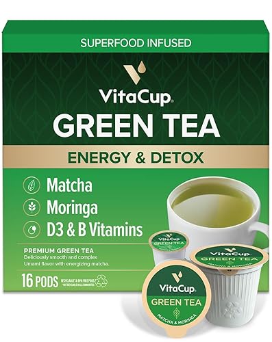 VitaCup Green Tea Pods, Enhance Energy & Detox with Matcha, Moringa, B Vitamins, D3, Keto, Paleo, Vegan, Single Serve Pod, Compatible with Keurig