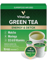 VitaCup Green Tea Pods, Enhance Energy & Detox with Matcha, Moringa, B Vitamins, D3, Keto, Paleo, Vegan, Single Serve Pod, Compatible with Keurig