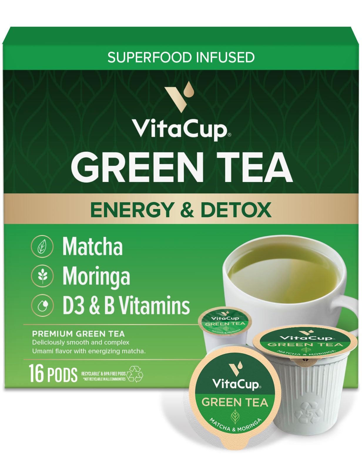 VitaCup Green Tea Pods, Enhance Energy & Detox with Matcha, Moringa, B Vitamins, D3, Keto, Paleo, Vegan, Single Serve Pod, Compatible with Keurig