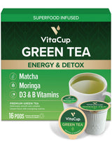 VitaCup Green Tea Pods, Enhance Energy & Detox with Matcha, Moringa, B Vitamins, D3, Keto, Paleo, Vegan, Single Serve Pod, Compatible with Keurig