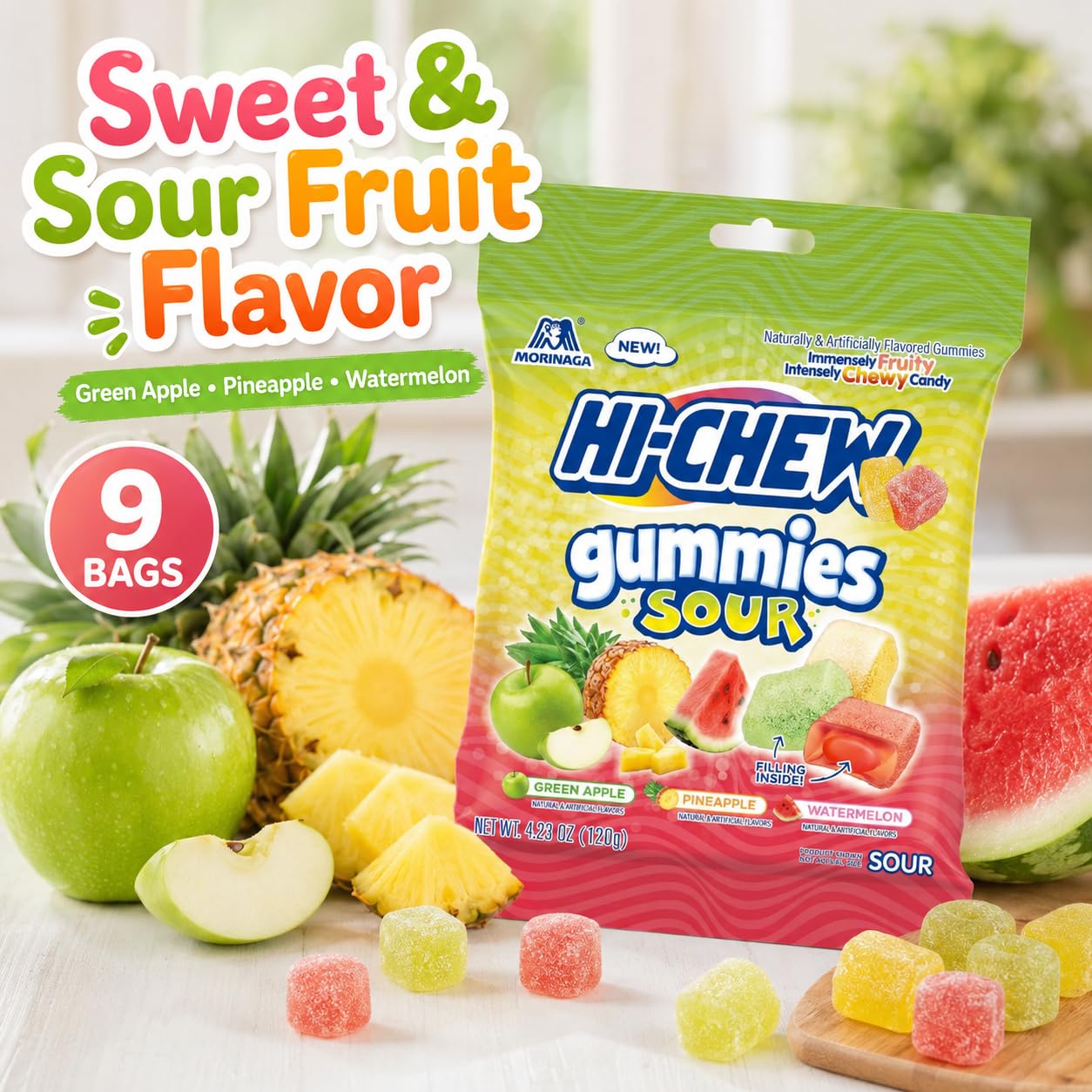 Hi-Chews Gummy Candy, 9 Bags, Soft Chew Fruit Candy for Snacking and Sharing, Green Apple Pineapple Watermelon Flavors, Gluten Free Sweet and Sour