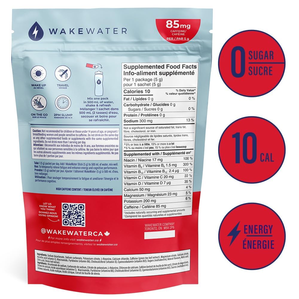 WakeWater Plus Energy Powder | Cherry Lime, 10 x 5g sticks | Vitamins and Electrolytes | Natural Green Tea Caffeine | No Sugar or Artificial