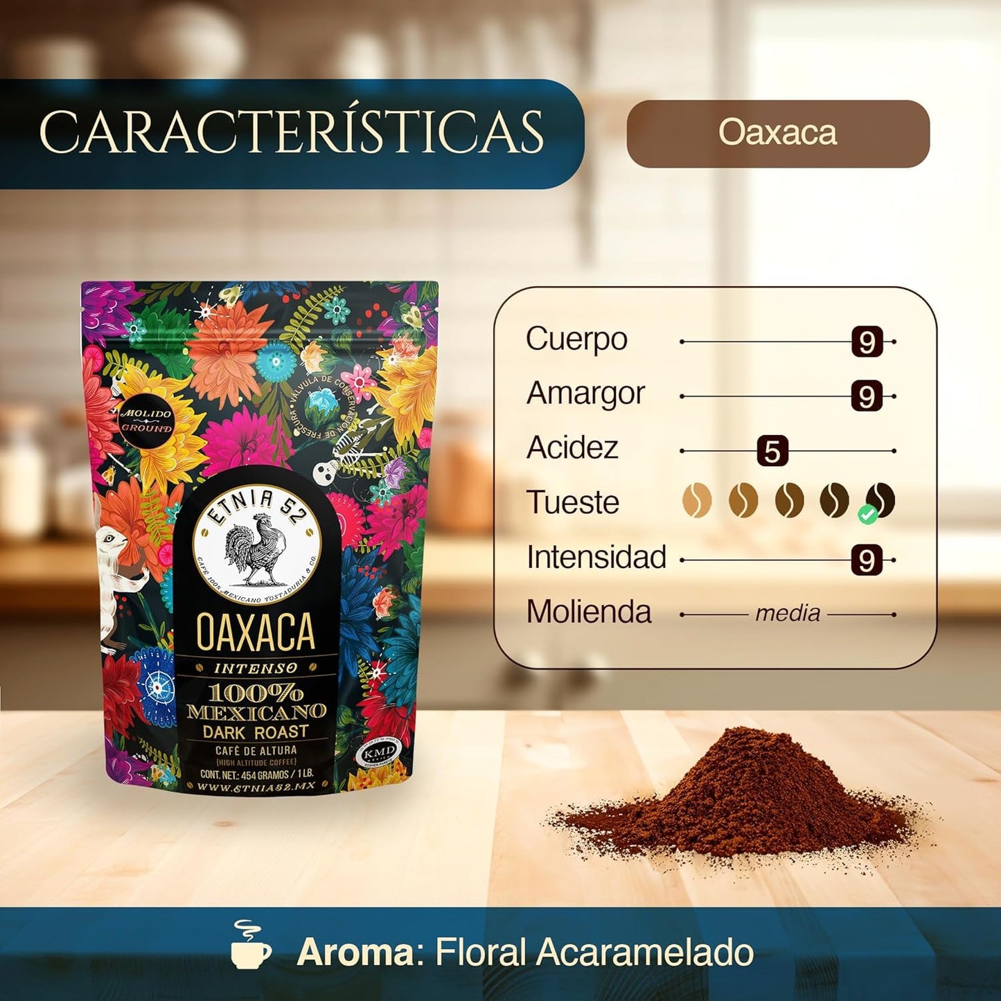 Etnia 52 - Oaxaca (Intenso), Mexican Ground Coffee, 1 lb. or 16 oz, Kosher Certified (KMD), Made in Mexico, includes Ebook