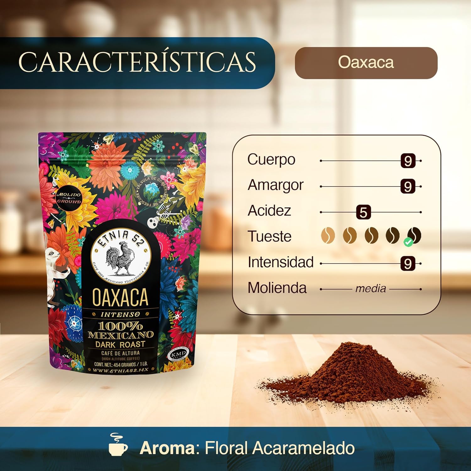 Etnia 52 - Oaxaca (Intenso), Mexican Ground Coffee, 1 lb. or 16 oz, Kosher Certified (KMD), Made in Mexico, includes Ebook