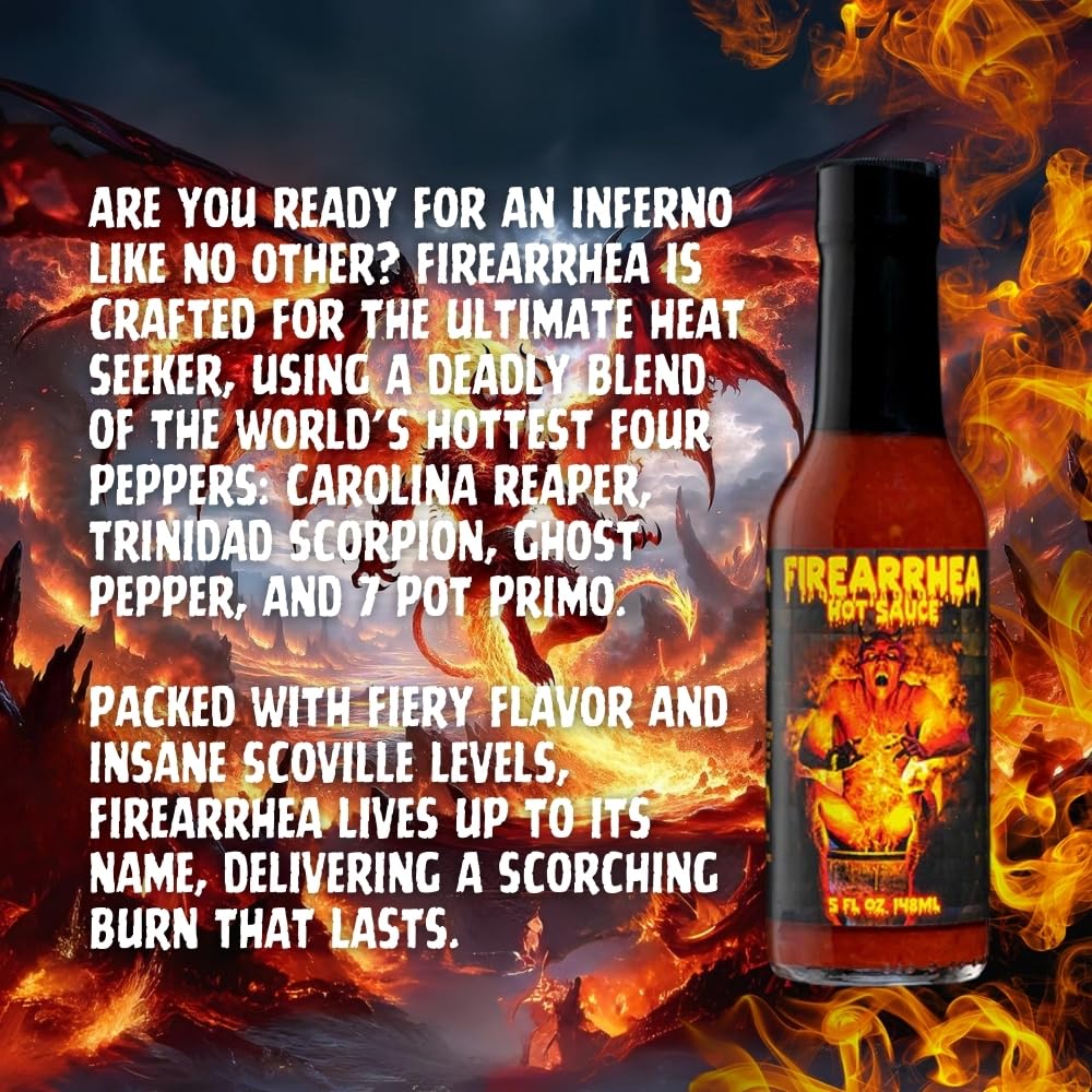 Hellfire Hot Sauce Firearrhea - Extreme Hot Sauce with the World’s Hottest Four Peppers, 5 oz.
